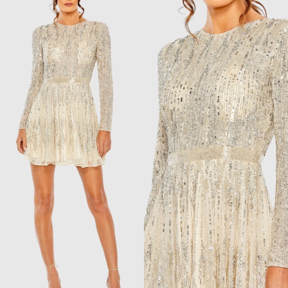 MAC DUGGAL High Neck Long Sleeve A Line Mini Dress in Silver Nude Size 10 NWOT